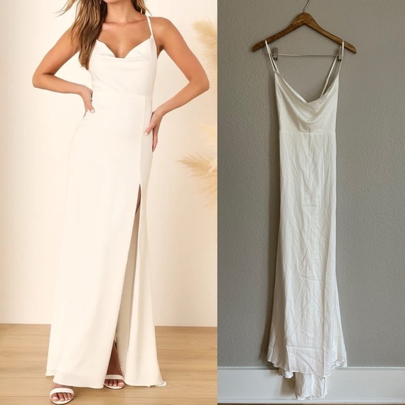 Destined Romance White Satin Cowl Neck Backless Maxi Dress - Picture 1 of 9
